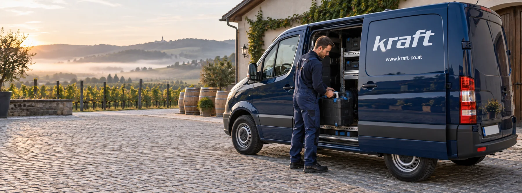 Kraft-Servicetechniker holt frühmorgens vor einem Weingut seinen Werkzeugkoffer aus dem Servicebus